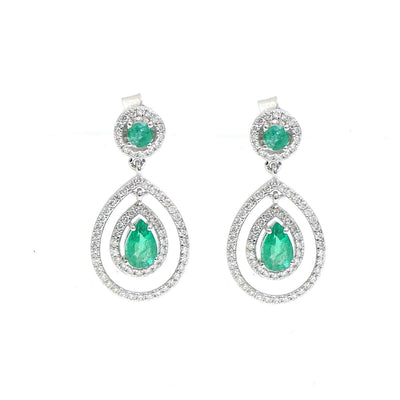 Emerald Double Halo 18K Natural Diamond White Gold Drop Earrings