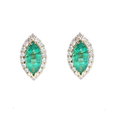 Emerald Marquise Halo 18K Natural Diamond White Gold Stud Earrings