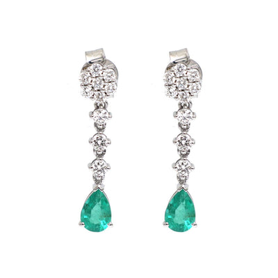 Emerald Dangle 18K Natural Diamond White Gold Drop Earrings
