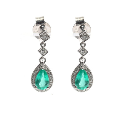 Emerald Halo 18K Natural White Gold Drop Earrings