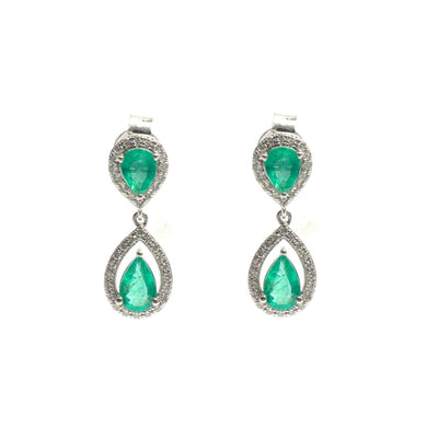 Emerald Double Drop 18K Natural Diamond White Gold Earrings