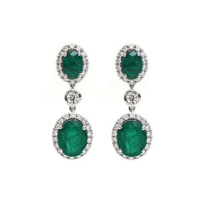Emerald Double Drop 18K Natural Diamond White Gold Halo Earrings