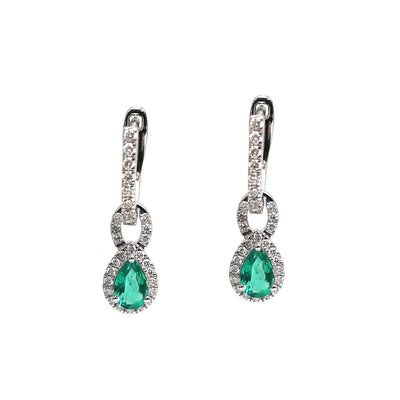 Emerald Aura 18K Natural Diamond White Gold Halo Drop Earrings
