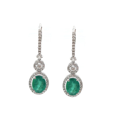 Emerald Glimmer Halo 18K Natural Diamond White Gold Drop Earrings