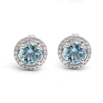 Aquamarine & Natural Diamond Halo Stud Earrings in 18K White Gold