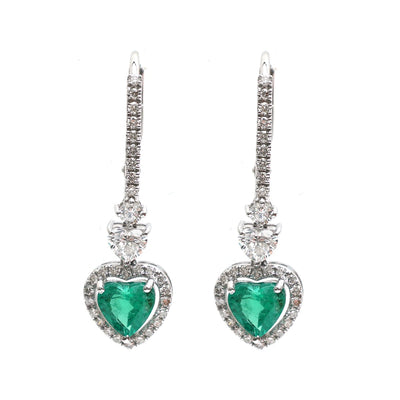 Emerald Heart Grace 18K Natural Diamond White Gold Drop Earrings