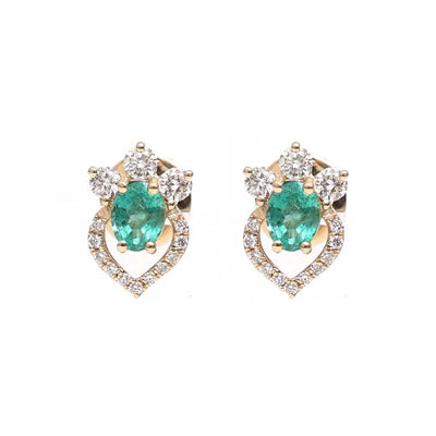 Heart Emerald Halo 18K Natural Diamond Yellow Gold Stud Earrings