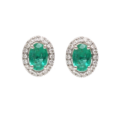 Oval 18K Emerald & Natural Diamond White Gold Halo Stud Earrings