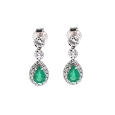 Emerald Luxe Halo 18K Natural Diamond White Gold Drop Earrings