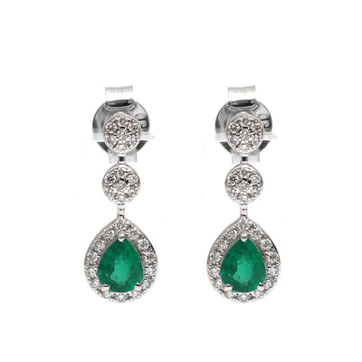 Emerald Royale Halo 18K Natural Diamond White Gold Drop Earrings