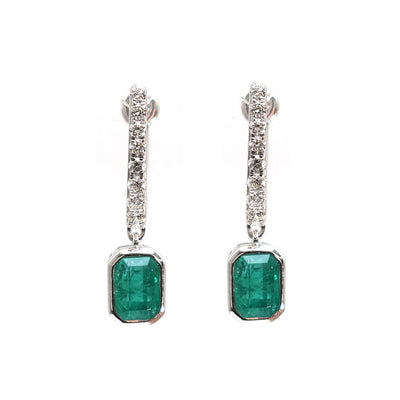 Emerald Elegance 18K Natural Diamond White Gold Drop Earrings