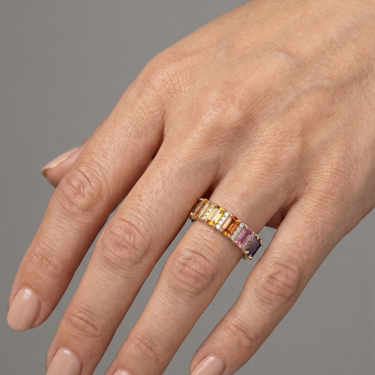 Elegant Multi-Color Sapphire & Diamond 14K Gold Band Ring