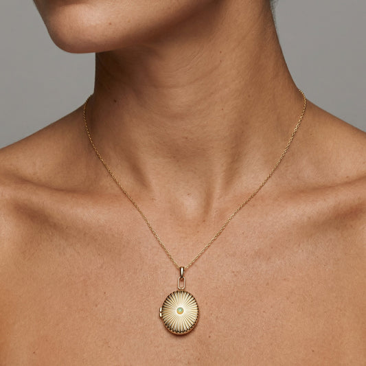 Radiant Oval Locket Green Opal Pendant Necklace in 14K Yellow Gold