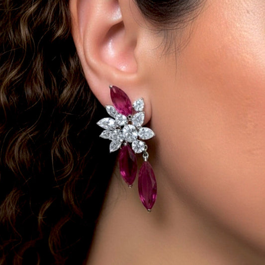 Marquise Ruby Diamond Floral Drop Earrings in 18K White Gold