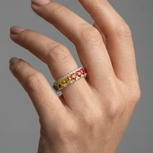 Rainbow Sapphire & Diamond 14K Eternity Band Ring