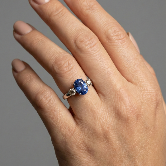 Oval Blue Sapphire 14K White Gold Diamond Three-Stone Ring