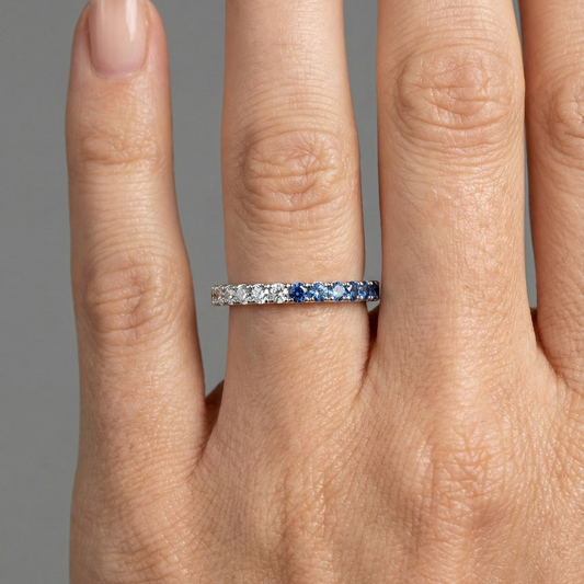 Elegant Blue Sapphire & Diamond 14K White Gold Eternity Band Ring