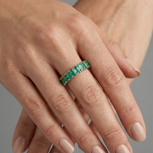 Emerald Cut Green Emerald 14K (18K Custom) Gold Full Eternity Band Ring