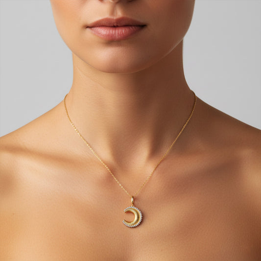 Diamond Edge Moon Charm Pendant Necklace in 14K Yellow Gold