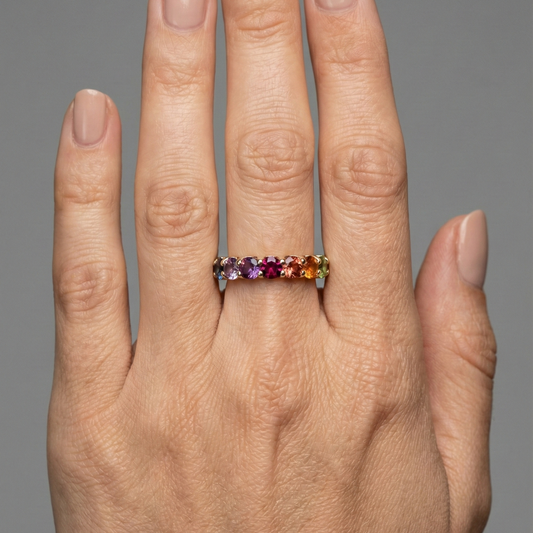 Meticulously Multi-Color Sapphire 14K Gold Eternity Ring