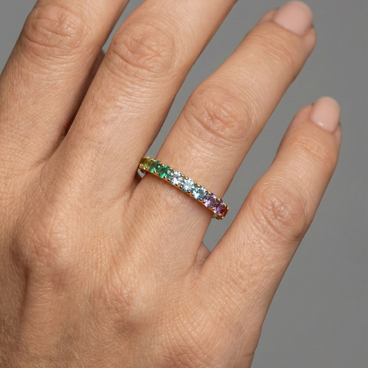 Rainbow Sapphire Eternity 14K Gold Band Ring