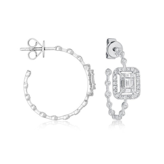 Baguette Diamond Frame Hoop Stud Earrings in 14K Yellow Gold