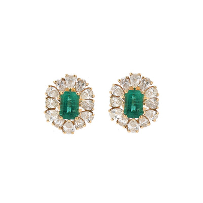 Emerald Bloom Cluster 18K Natural Diamond Yellow Gold Stud Earrings