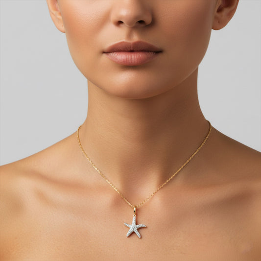 Diamond Starfish Charm Pendant Necklace in 14K Yellow Gold