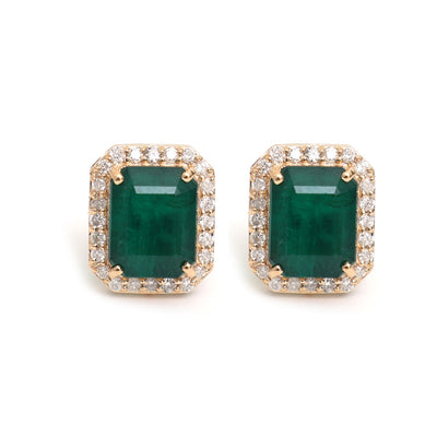 Emerald Cut Emerald Prestige Halo 18K Natural Diamond Yellow Gold Stud Earrings