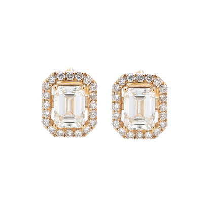 Emerald Cut 14K (18K Custom) Lab Diamond Double Halo Yellow Gold Stud Earrings