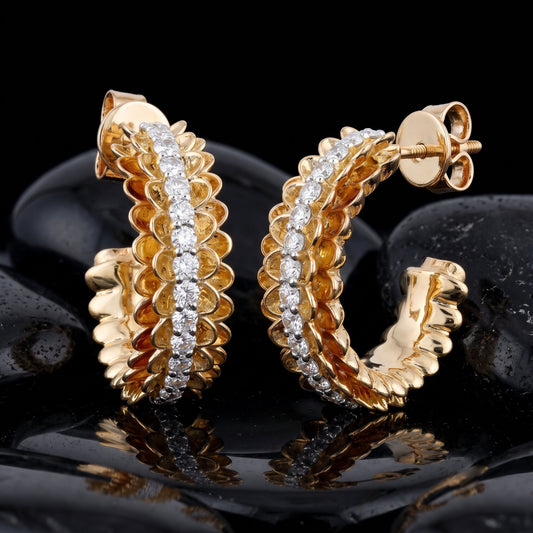 Scalloped Diamond 14K (or 18k upon request) Yellow Gold Hoop Earrings