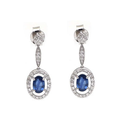 Blue Sapphire & Natural Diamond Halo Drop Earrings in 18K White Gold