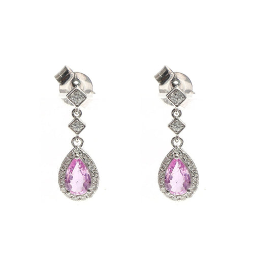 Pink Sapphire Aurora Halo 18K Natural Diamond White Gold Drop Earrings