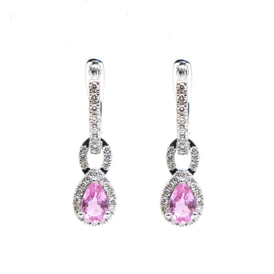 Pink Sapphire Celeste Halo 18K Natural Diamond White Gold Drop Earrings