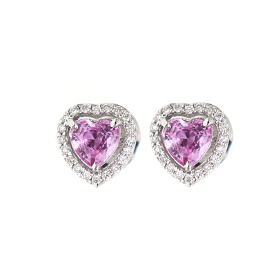 Pink Sapphire Heart Halo 18K White Gold Stud Earrings