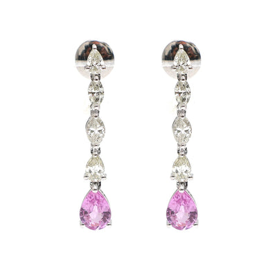 Pink Sapphire Graduated 18K Natural Diamond White Gold Drop Earrings