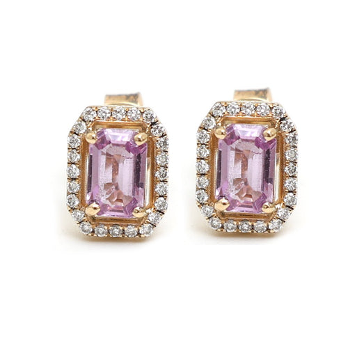 Pink Sapphire Emerald-Cut Halo 18K Natural Diamond Gold Stud Earrings