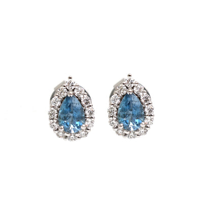 Pear Aquamarine Halo 18K Natural Diamond White Gold Stud Earrings