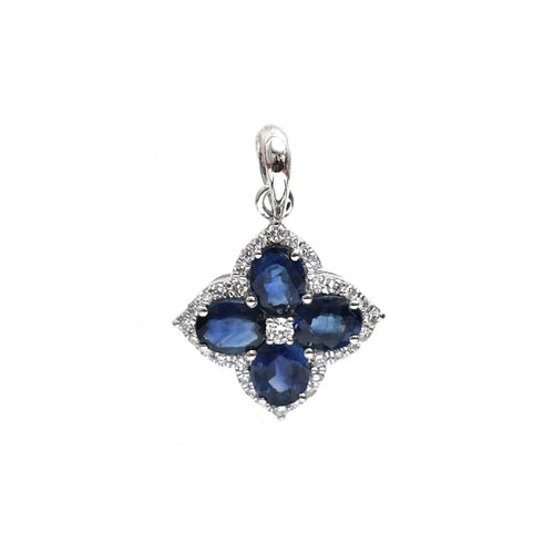 Blue Sapphire Diamond 18K White Gold Floral Pendant Necklace