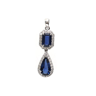 Royal Blue Sapphire Diamond Drop 18K White Gold Pendant Necklace