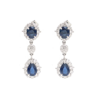 Blue Sapphire & Natural Diamond Drop Earrings in 18K White Gold