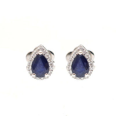 Pear Blue Sapphire Halo 18K Natural Diamond White Stud Earrings