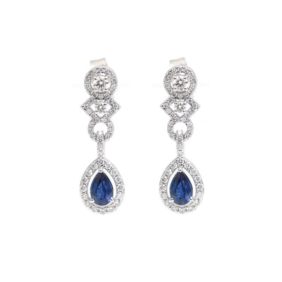 Blue Sapphire Halo 18K Natural Diamond Gold Drop Earrings