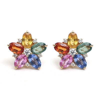 Rainbow Sapphire Petal Prism 18K Natural Diamond Yellow Gold Stud Earrings