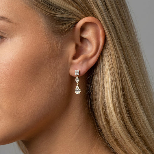 Baguette Round Triple Drop Dangle Earrings in 14K Yellow Gold