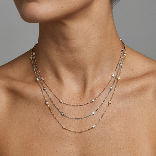 Diamond Station Round Cut Bezel Necklace in 14K Gold