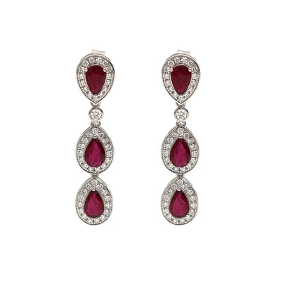 Ruby Triple Drop 18K Natural Diamond White Gold Earrings