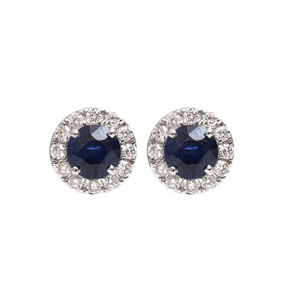 Blue Sapphire Halo 18K Natural Diamond White Earrings
