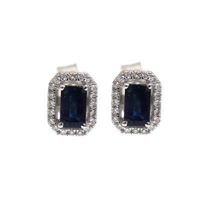 Blue Sapphire Emerald-Cut Natural Diamond Halo Stud Earrings in 18K White Gold