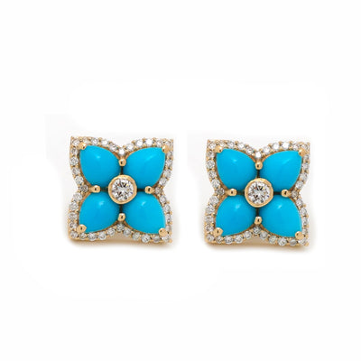 Turquoise Floral 18K Natural Diamond Yellow Gold Stud Earrings